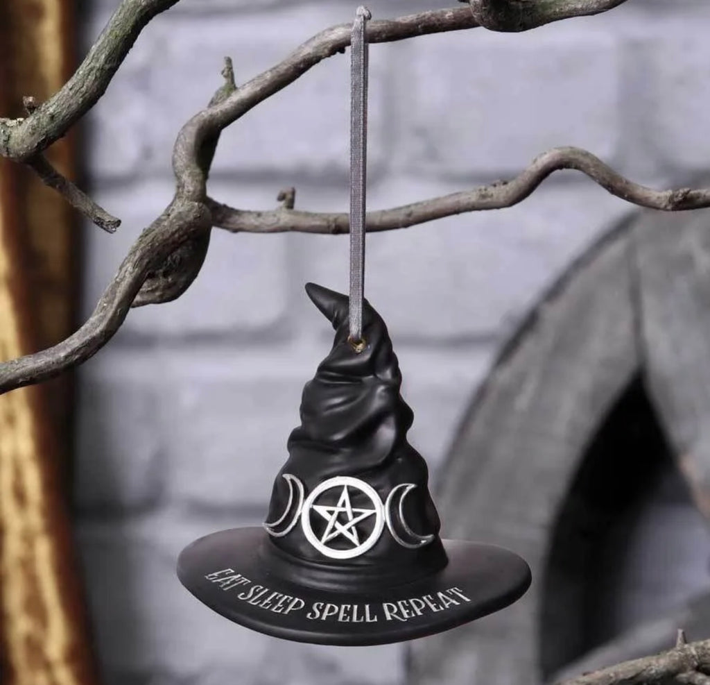 Eat sleep spell repeat witch hat hanging ornaments