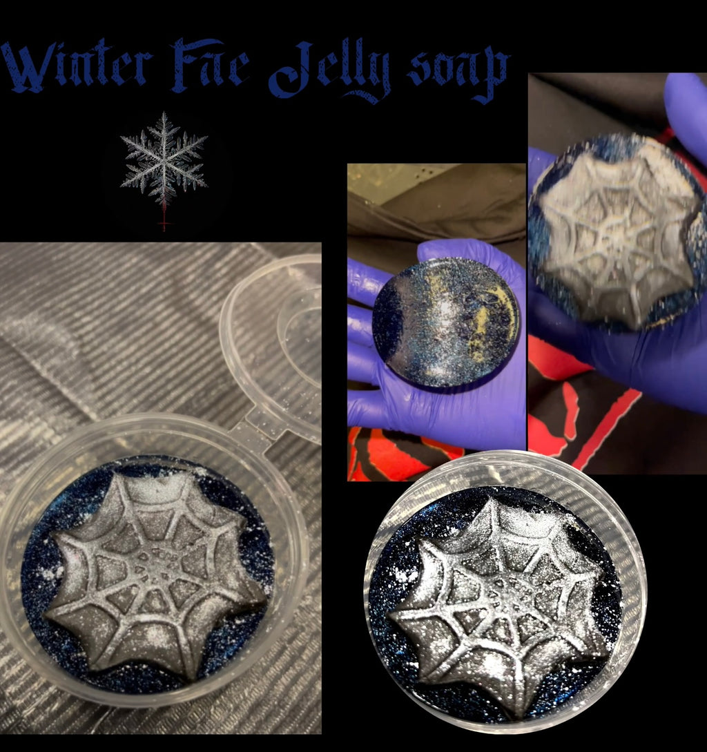 Winter Fae jelly soap and bubble bath topped with ice web soap