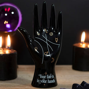 Black ceramic palmistry hand jewellery holder