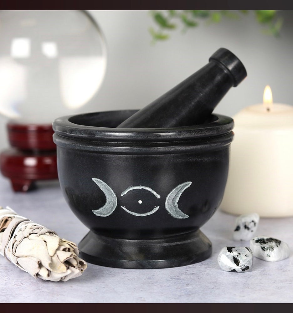 Soap Stone Triple Moon Black Pestle and Mortar