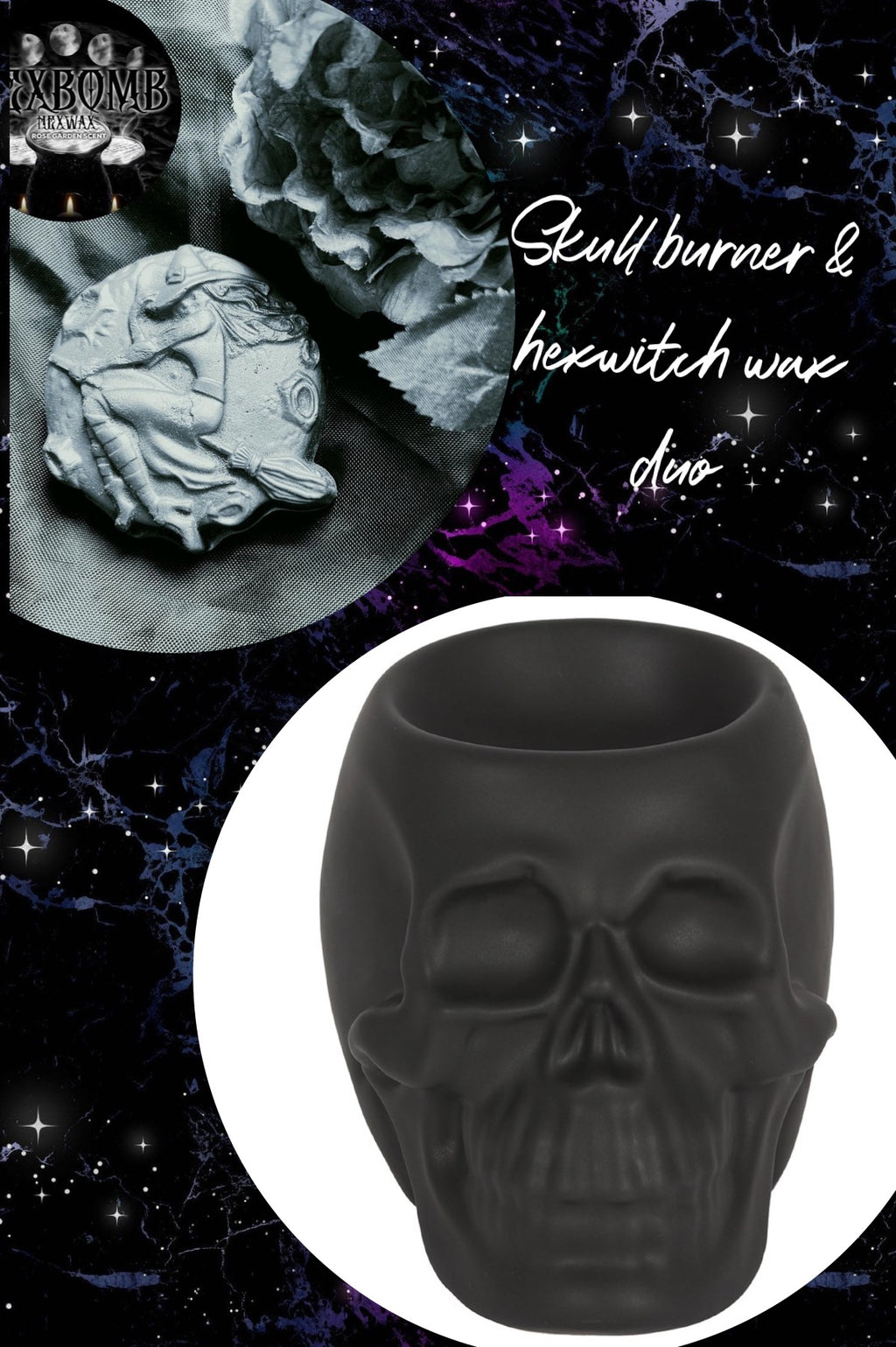 Ceramic skull & hexwax witch duo