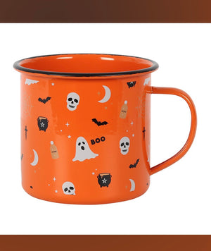 Orangene Halloween-Emaille-Tasse im Vintage-Stil