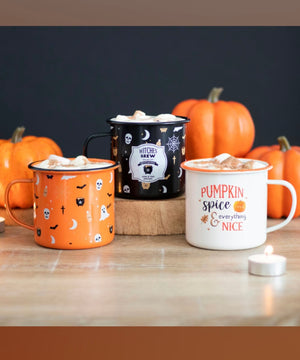 Orangene Halloween-Emaille-Tasse im Vintage-Stil