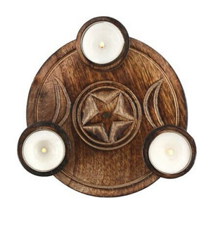 Wooden triple moon tea light holder