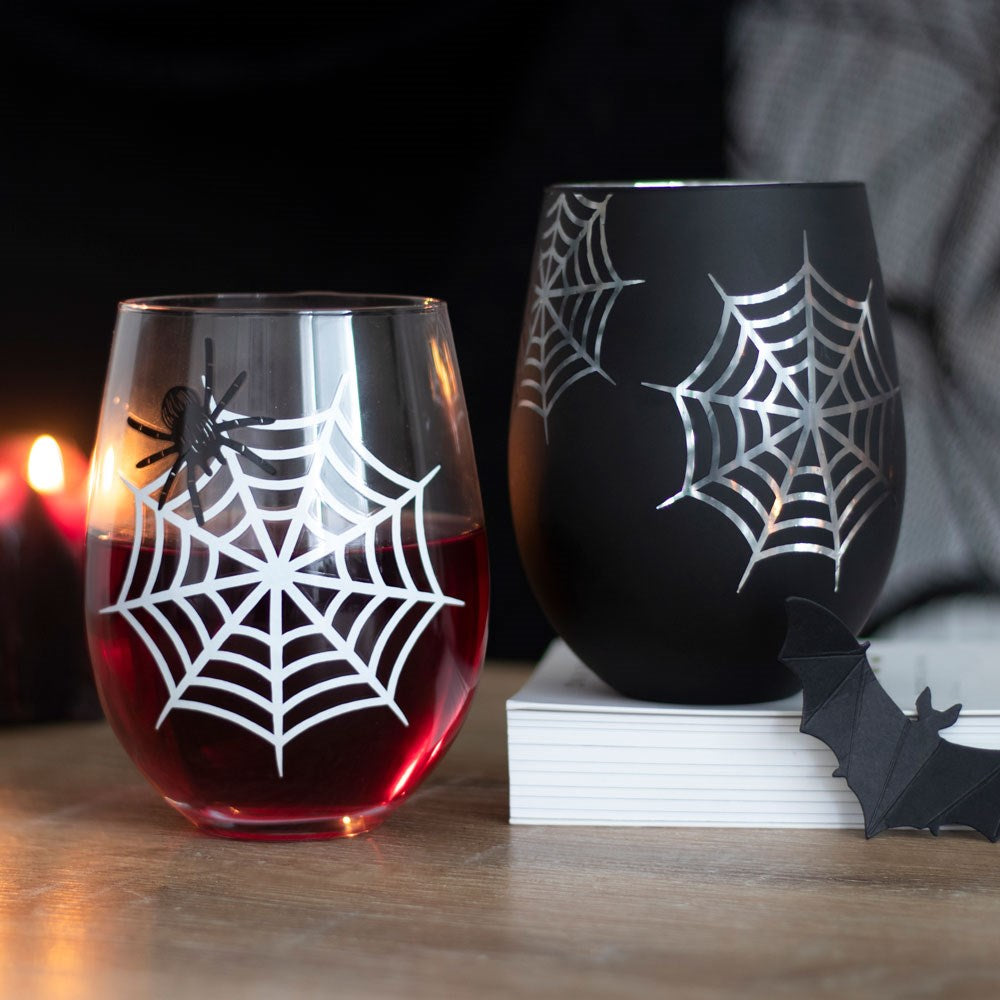 Set of 2 spider and web stemless wine glasses